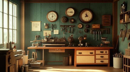 Poster - A warm-toned, retro workshop with classic machines and tools, featuring textured walls and floors, evoking a sense of craftsmanship history.
