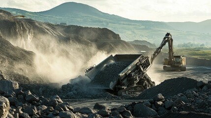 Poster - Action shot of a large crushing machine breaking boulders in a quarry, with rugged hills and heavy machinery in the background.