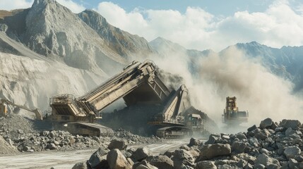 Poster - Action shot of a large crushing machine breaking boulders in a quarry, with rugged hills and heavy machinery in the background.