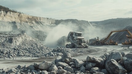 Poster - Action shot of a large crushing machine breaking boulders in a quarry, with rugged hills and heavy machinery in the background.