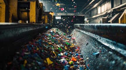 Poster - Action shot of a plastic shredding machine working tirelessly in a recycling plant, with bright colors and debris scattered as it grinds through materials