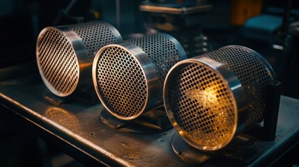 Wall Mural - A three-way catalyst laid on a mechanic's table, with light illuminating its internal honeycomb design. The scene emphasizes the advanced engineering behind automotive exhaust treatment.