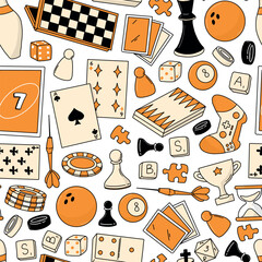 board games and entertainment doodles seamless pattern for wallpaper, wrapping paper, scrapbooking, stationery, packaging, backgrounds, EPS 10