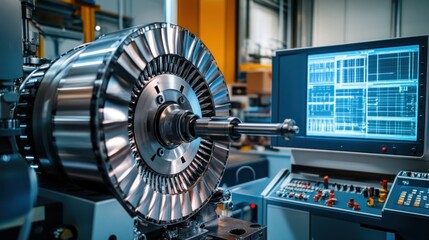 Wall Mural - A turbine rotor balancing machine in operation, fine-tuning a turbocharger component. The setup, sensors, and digital displays underscore the expertise required in balancing and repair.