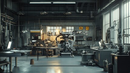 Poster - An industrial setting where metal parts are being polished to a mirror finish, with machines and workbenches surrounding the process.