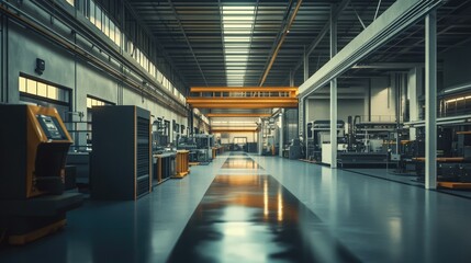 Poster - An industrial setting where metal parts are being polished to a mirror finish, with machines and workbenches surrounding the process.
