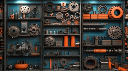Poster - Brightly lit industrial storage area with shelves filled with metal mechanical parts, gears, and tools, showcasing a colorful array of materials