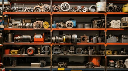 Poster - Brightly lit industrial storage area with shelves filled with metal mechanical parts, gears, and tools, showcasing a colorful array of materials