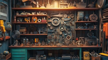 Poster - Brightly lit industrial storage area with shelves filled with metal mechanical parts, gears, and tools, showcasing a colorful array of materials