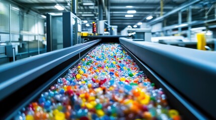 Poster - Brightly lit sorting machine in a plastic manufacturing facility, color-coded plastics passing through the machine for efficient sorting and recycling
