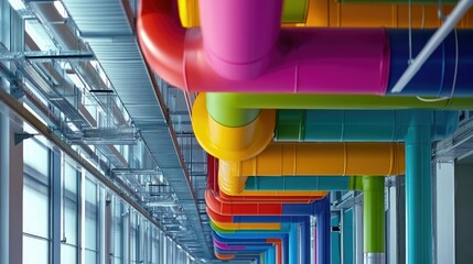 Poster - Brightly painted industrial ducts in eco-inspired colors, installed in a high-tech factory with a focus on green technology and sustainability