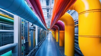 Poster - Brightly painted industrial ducts in eco-inspired colors, installed in a high-tech factory with a focus on green technology and sustainability