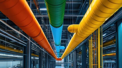 Poster - Brightly painted industrial ducts in eco-inspired colors, installed in a high-tech factory with a focus on green technology and sustainability