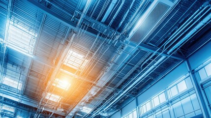 Poster - Close-up of a complex network of ducts in a modern industrial building, showcasing detailed design and metalwork in a high-ceiling factory.