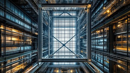 Poster - Close-up of a complex network of ducts in a modern industrial building, showcasing detailed design and metalwork in a high-ceiling factory.