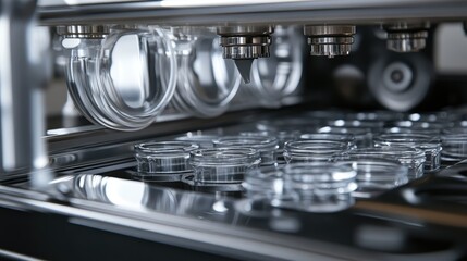 Poster - Close-up of a filling machine automatically filling plastic containers with liquid, showcasing the fast-paced, highly efficient packaging process.