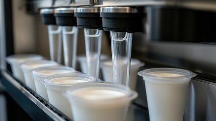 Poster - Close-up of a filling machine automatically filling plastic containers with liquid, showcasing the fast-paced, highly efficient packaging process.