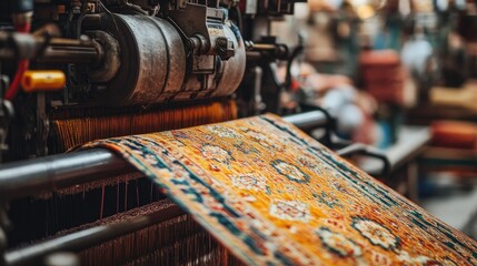 Aufkleber - Close-up of a loom machine creating an intricate, vibrant textile design in a lively factory, with vivid colors and busy machinery.