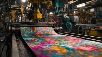 Aufkleber - Close-up of a loom machine creating an intricate, vibrant textile design in a lively factory, with vivid colors and busy machinery.