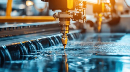 Poster - Close-up of a precision machine with water cooling system, showing the process of cutting metal with high accuracy in a clean workshop.