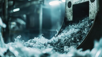 Poster - Close-up of a plastic shredding machine processing waste materials in a recycling plant, showcasing the intricate mechanics and recycled output