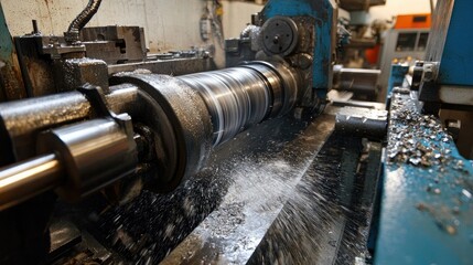 Poster - Close-up of a precision machine with water cooling system, showing the process of cutting metal with high accuracy in a clean workshop.
