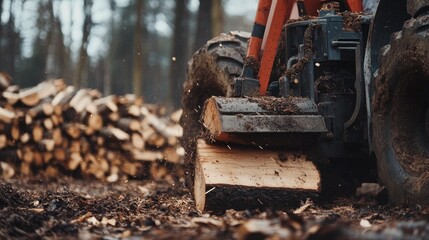 Poster - Close-up of a rugged log splitter machine in action, splitting logs in a forest setting with wooden piles scattered around the machine.