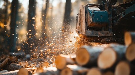 Poster - Close-up of a rugged log splitter machine in action, splitting logs in a forest setting with wooden piles scattered around the machine.