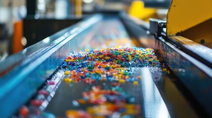 Poster - Close-up of a vibrant sorting machine working in a plastic factory, separating materials with advanced technology and clear color-coded outputs