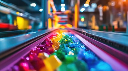 Poster - Close-up of a vibrant sorting machine working in a plastic factory, separating materials with advanced technology and clear color-coded outputs