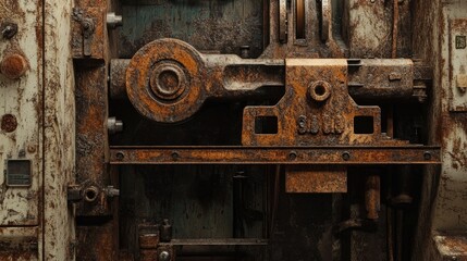Poster - Close-up of a vintage press machine in a factory, with rusted metal components and the machinery intricate details, capturing the essence of industrial history