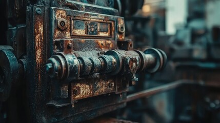 Poster - Close-up of a vintage press machine in a factory, with rusted metal components and the machinery intricate details, capturing the essence of industrial history