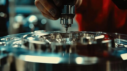 Poster - Close-up of a worker polishing metal parts on a machine in an industrial workshop, highlighting precision tools and shiny metal surfaces.