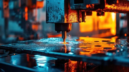 Poster - Close-up of an industrial press machine in action, with bright workshop lighting casting colorful reflections as metal is pressed under extreme pressure