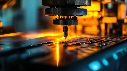Poster - Close-up of an industrial press machine in action, with bright workshop lighting casting colorful reflections as metal is pressed under extreme pressure
