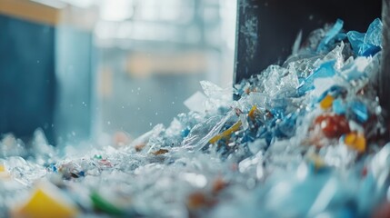Poster - Close-up of plastic materials being shredded in a recycling plant, showcasing the machine's precision and the waste transformation process