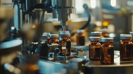 Poster - Close-up of pharmaceutical packaging machines filling, sealing, and labeling medication bottles in a state-of-the-art factory.