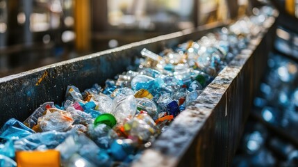 Poster - Close-up of plastic materials being shredded in a recycling plant, showcasing the machine's precision and the waste transformation process