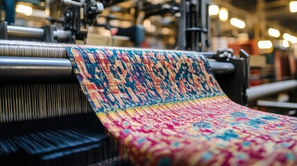 Aufkleber - Detailed view of a loom machine weaving a complex, colorful pattern, with a bustling factory environment in the background.