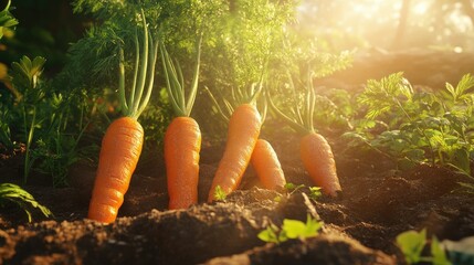 Aufkleber - Fresh, orange carrots with green leafy tops, freshly dug from the soil, surrounded by rich garden vegetation and bathed in the warm glow of sunrise