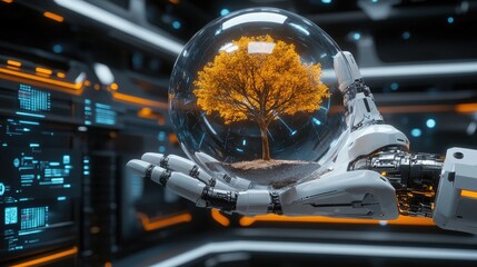 Poster - Concept of green technology, a robotic hand supporting the environment through a globe with a tree inside.