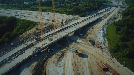 Poster - Bird eye view of a highway construction project with multiple lanes being paved, cranes lifting materials, and machinery operating on-site. The scene shows infrastructure development in action.