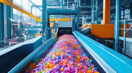 Poster - High-tech plastic sorting system in a factory, showcasing vibrant colors and advanced sorting mechanisms in action for eco-friendly manufacturing