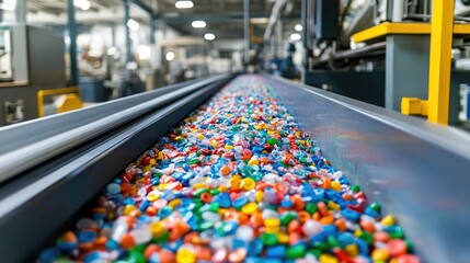 Poster - High-tech plastic sorting system in a factory, showcasing vibrant colors and advanced sorting mechanisms in action for eco-friendly manufacturing