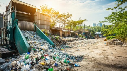 Poster - Industrial machinery shredding plastic waste at a recycling plant, the environment buzzing with activity as the waste is prepared for reprocessing