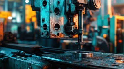 Aufkleber - Industrial press machine in a high-energy, colorful workshop, with vivid lighting illuminating the metalworking process and intricate machinery details