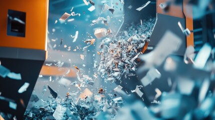 Poster - Industrial shredding machine breaking down plastic waste in a modern recycling plant, emphasizing sustainability and waste management processes