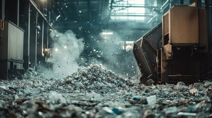 Poster - Industrial shredding machine breaking down plastic waste in a modern recycling plant, emphasizing sustainability and waste management processes
