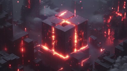 Poster - Cybersecurity visualization, network encryption layers forming around a glowing data shield.