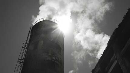 Poster - Industrial steam tower releasing a thick plume of vapor during the day, with a sunlit background and clear skies, creating an energetic atmosphere.